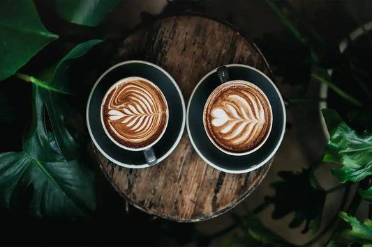 Deux tasses de cappuccino avec des motifs de latte art en forme de feuilles, posées sur une table en bois entourée de feuillage.