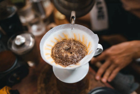 Préparation de café filtre avec verseuse, où de l'eau chaude est versée sur du café moulu dans un filtre en papier, révélant un procédé artisanal.